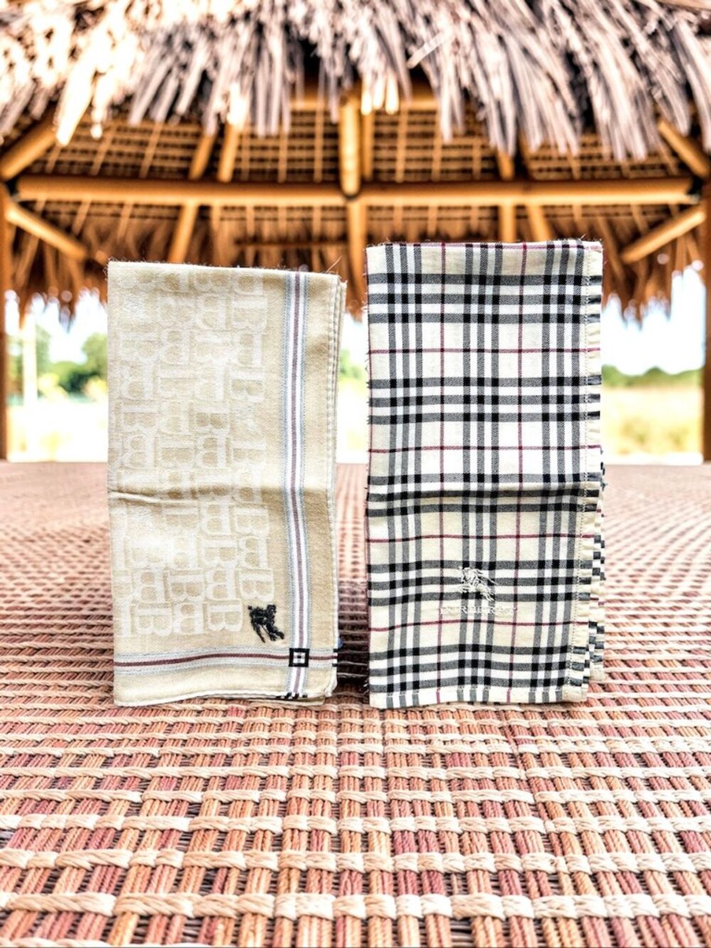 (2) Men Burberrys Handkerchief 18" Cotton Beige Gold Gray Black Nova Check (95